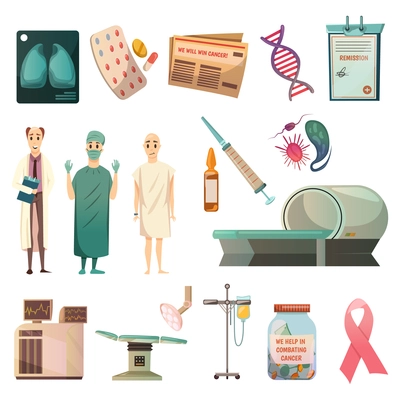 Defeat cancer medical orthogonal icons set with oncologist surgeon bald patient and mri scanner isolated vector illustration