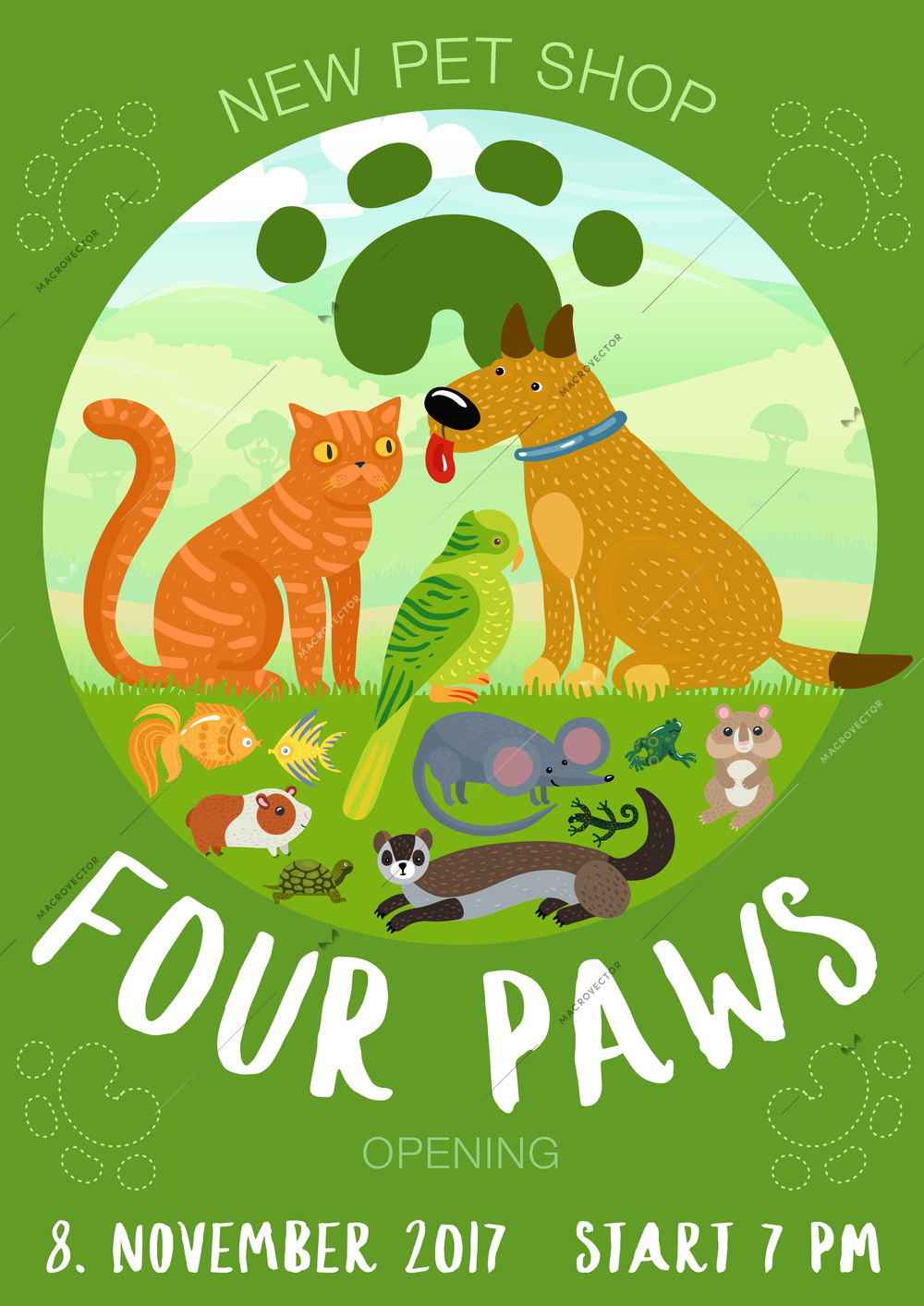 Pet shop advertising poster with paw prints, cat and dog, fishes, rodents on green background vector illustration