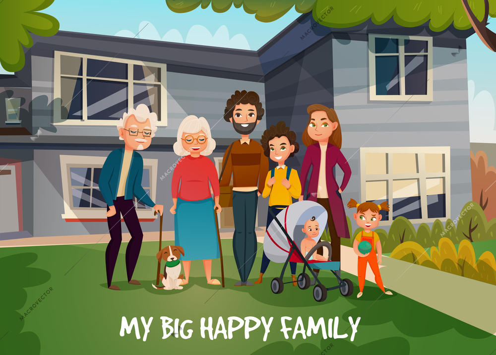 Happy family portrait with parents, kids, grandmother, grandfather and dog on house background in summer vector illustration