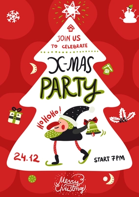Xmas party poster with santa on ski, white year tree, festive decorations on red background vector illustration