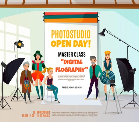 Photo studio ad poster with people in various clothing and professional equipment on light background vector illustration