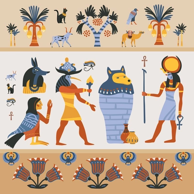 Ancient egyptian religion design on light background with gods, hieroglyphs, palm trees, decoration from flowers vector illustration