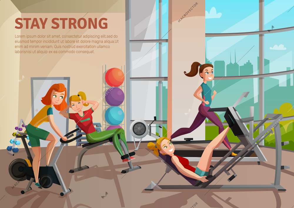 Girls doing fitness on treadmill, bike, bench in exercise room with big window, colorful balls vector illustration