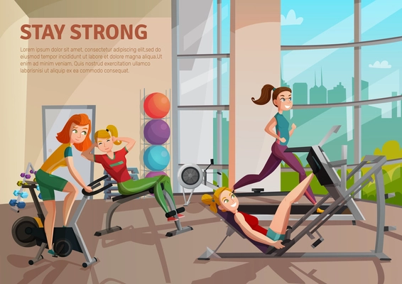 Girls doing fitness on treadmill, bike, bench in exercise room with big window, colorful balls vector illustration