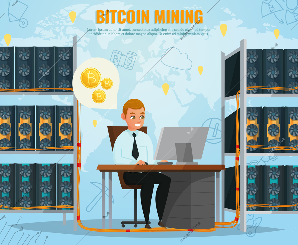 Cryptocurrency bitcoin mining concept with smiling man in front of computer cartoon vector illustration