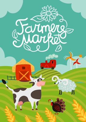 Farmers market poster with calligraphic lettering, tractor and windmills, barn, home animals on fields background vector illustration