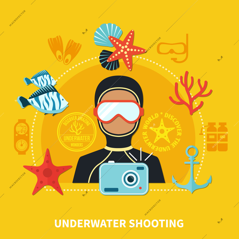 Underwater shooting composition including diver with camera and marine wildlife elements on yellow background vector illustration