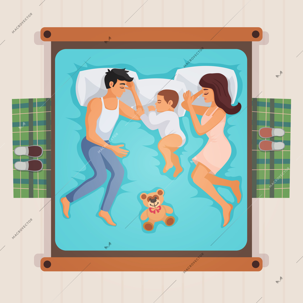 Sleeping family lying on bed top view composition with parents and little son, teddy bear vector illustration