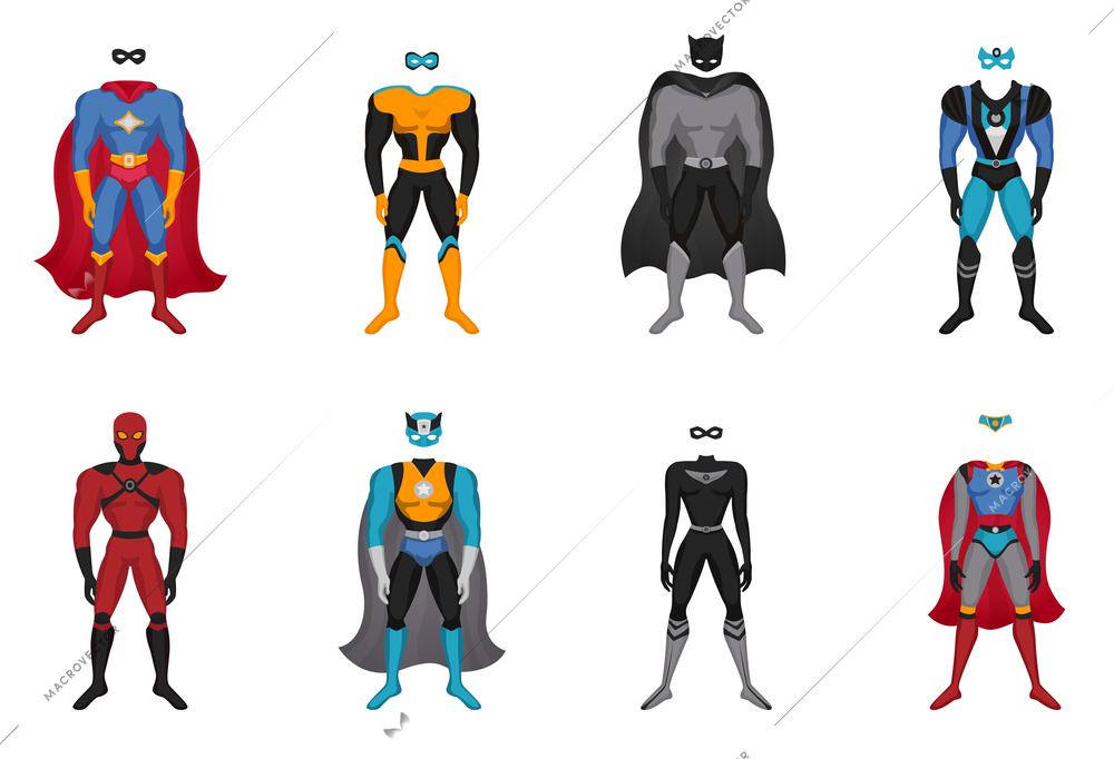 Set of male and female colorful costumes for superhero with cloak and mask isolated vector illustration