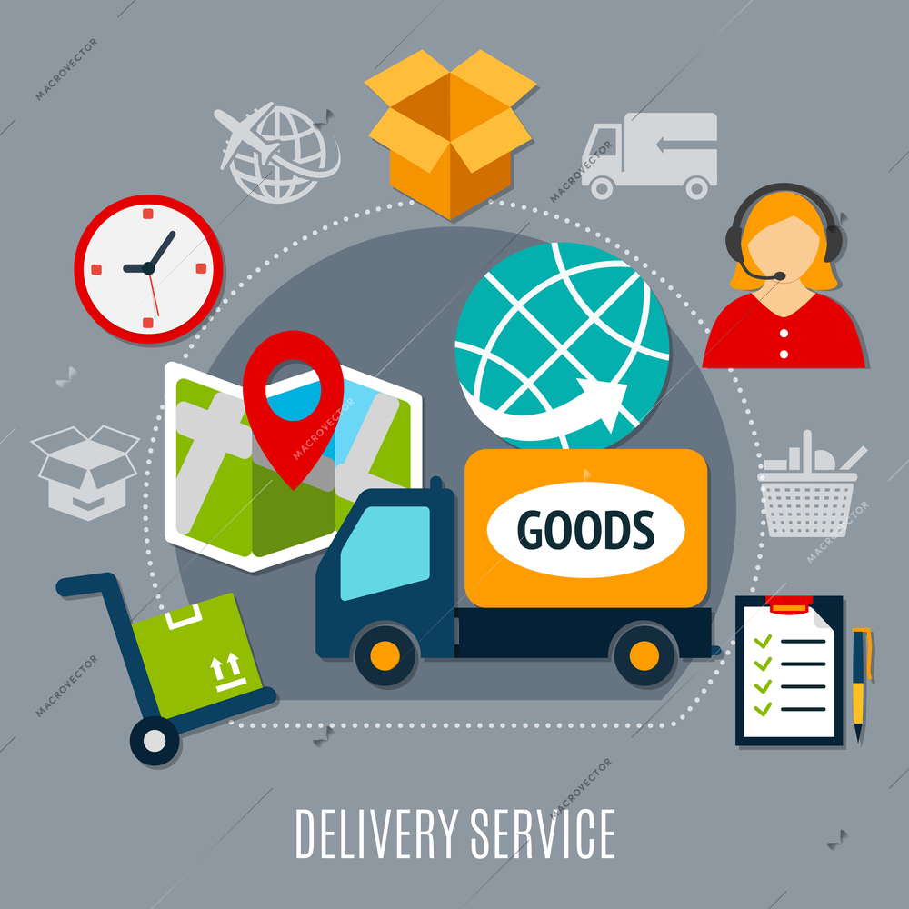 Delivery service composition including truck with goods, map with pointer, globe on grey background flat vector illustration