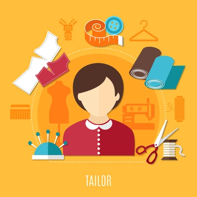 Tailor concept with sewing equipment fabric and stodio flat vector illustration