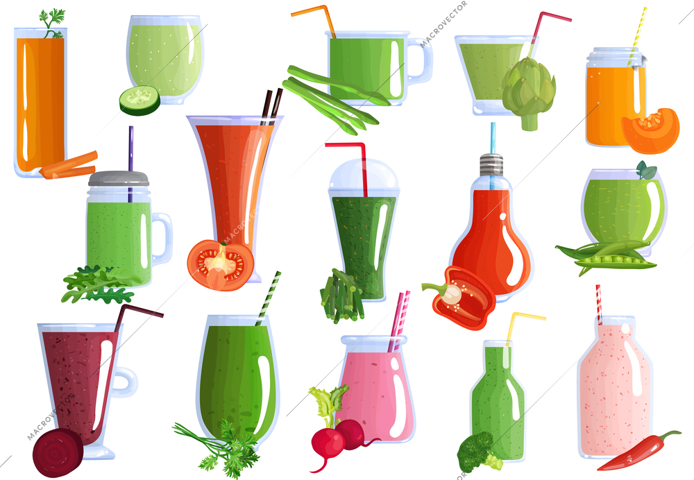 Set of vegetable smoothies from carrot, asparagus, beet, parsley, radish in glasswares with straws isolated vector illustration