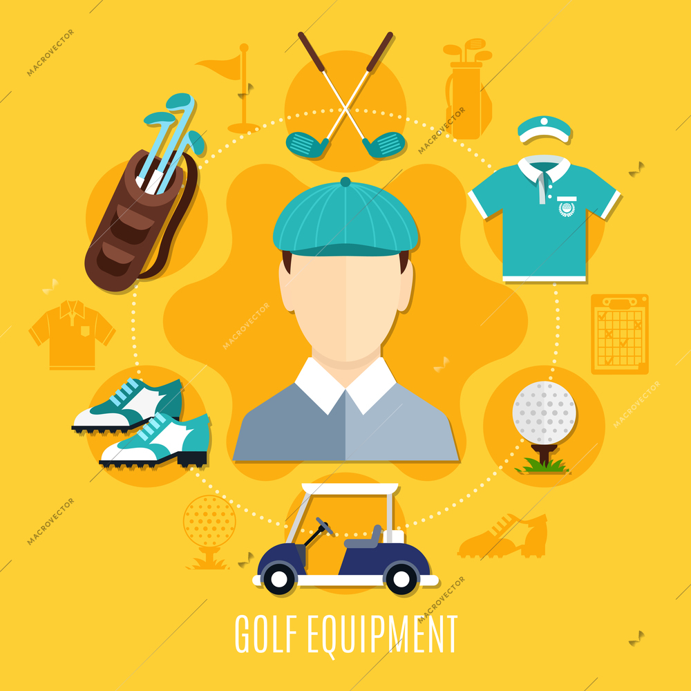 Golf equipment round composition with player, sportswear, ball, bag with clubs, car on yellow background vector illustration