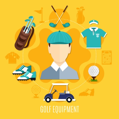 Golf equipment round composition with player, sportswear, ball, bag with clubs, car on yellow background vector illustration