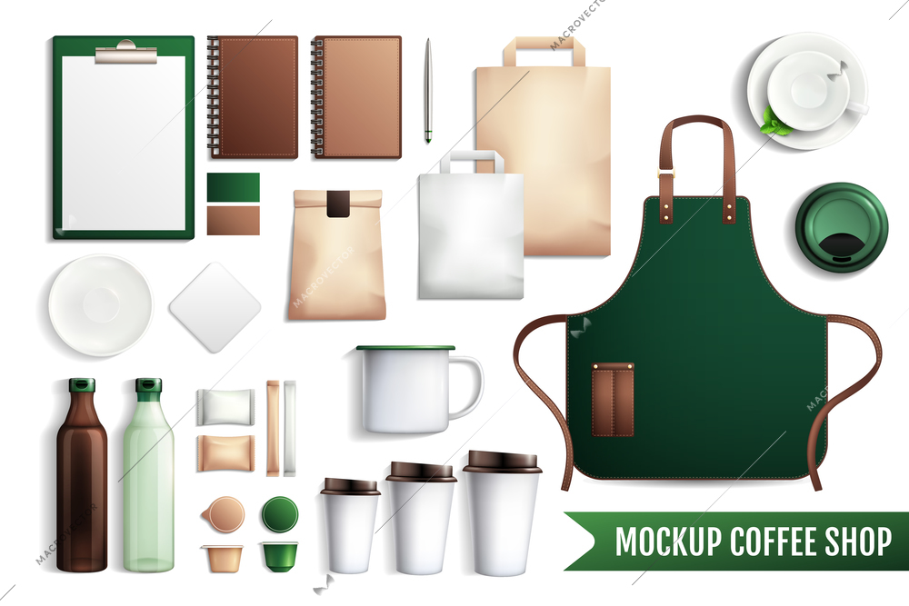 Mockup coffee shop collection of essential elements bottles cardboard cups with caps notebooks and various stuff vector illustration