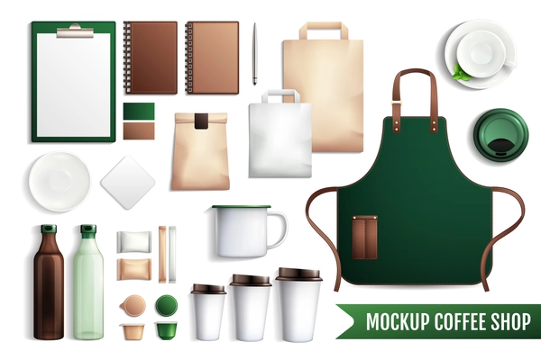 Mockup coffee shop collection of essential elements bottles cardboard cups with caps notebooks and various stuff vector illustration
