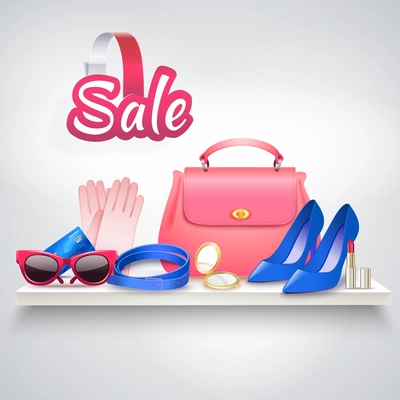 Online shopping realistic composition with various female accessories sun goggles high heel shoes and vanity bag vector illustration