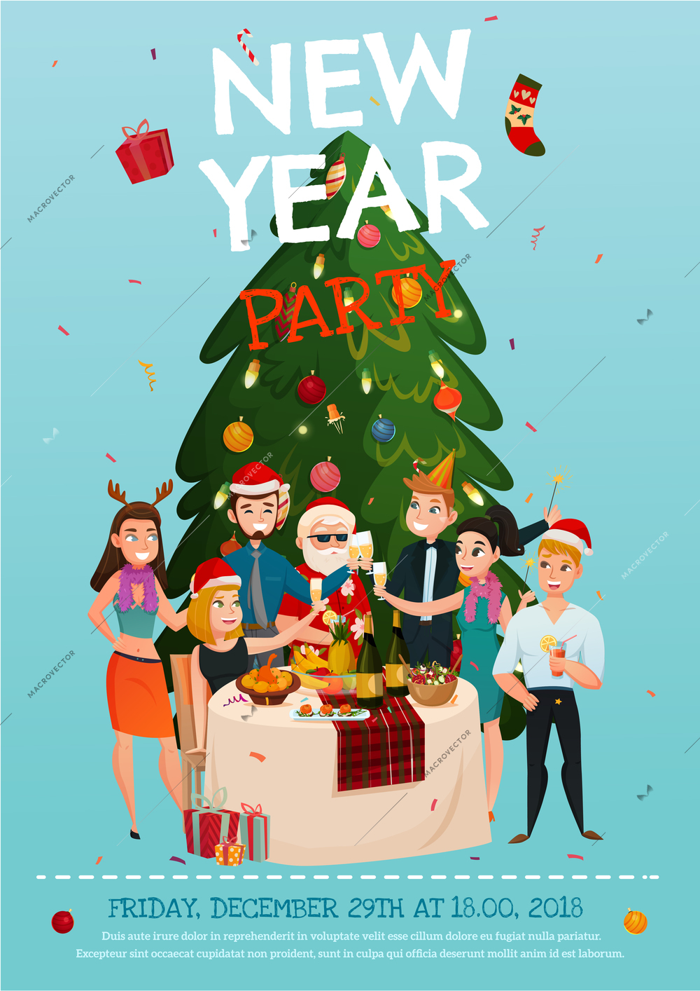 New year party poster with people around festive table under christmas tree on blue background vector illustration