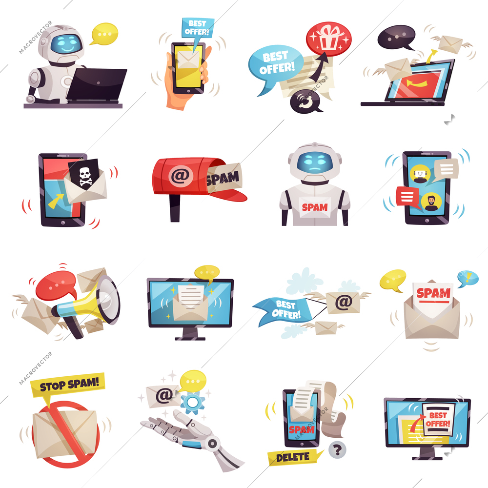 Mail spam bot icons set of robot gadget envelope malware best offer ad isolated cartoon vector illustration