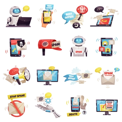 Mail spam bot icons set of robot gadget envelope malware best offer ad isolated cartoon vector illustration