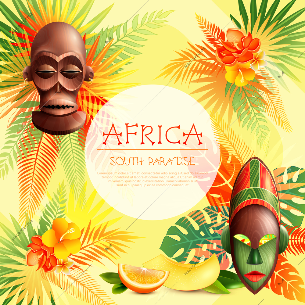 African frame background with composition of festive ethnic masks tropical fruit slices and colourful plant images vector illustration
