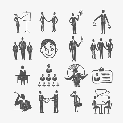 Sketch business organization management structure meeting people icon set isolated doodle vector illustration