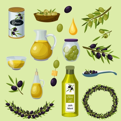 Green and black olives healthy products cartoon icons with bottle virgin traditional cooking oil background vector illustration