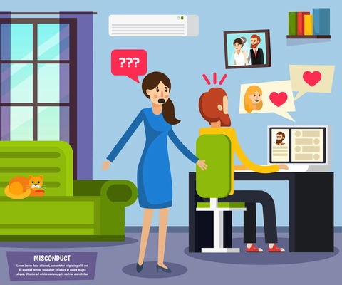 Orthogonal flat composition with unhappy wife and husband talking with girl friend by computer vector illustration