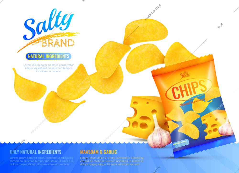 Salty snacks poster with branded product package realistic images of chips cheese and garlic with editable text vector illustration