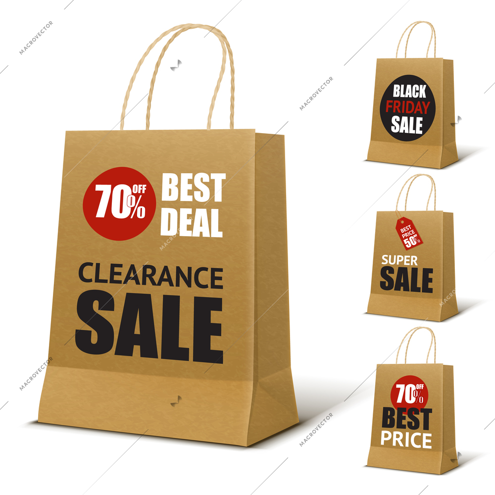 Mockup for sale advertising with set of paper shopping bag and different clearance slogans realistic vector illustration