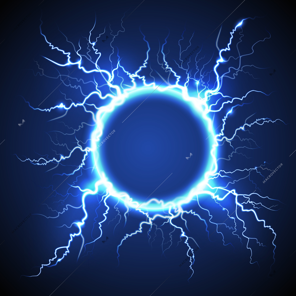 Luminous electric circle lightning atmospheric phenomenon realistic image on dark night sky blue decorative background vector illustration