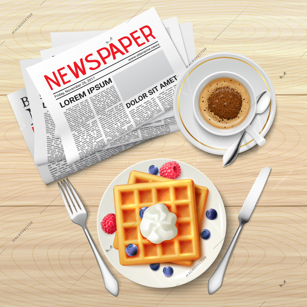 Morning cup of coffee plate of toasts and newspaper on wood table realistic background vector illustration