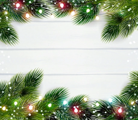 Christmas frame template with pine twigs  decorated by colorful electric lights realistic vector Illustration