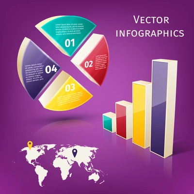 Abstract 3d pie chart columns and map business infographics layout template vector illustration