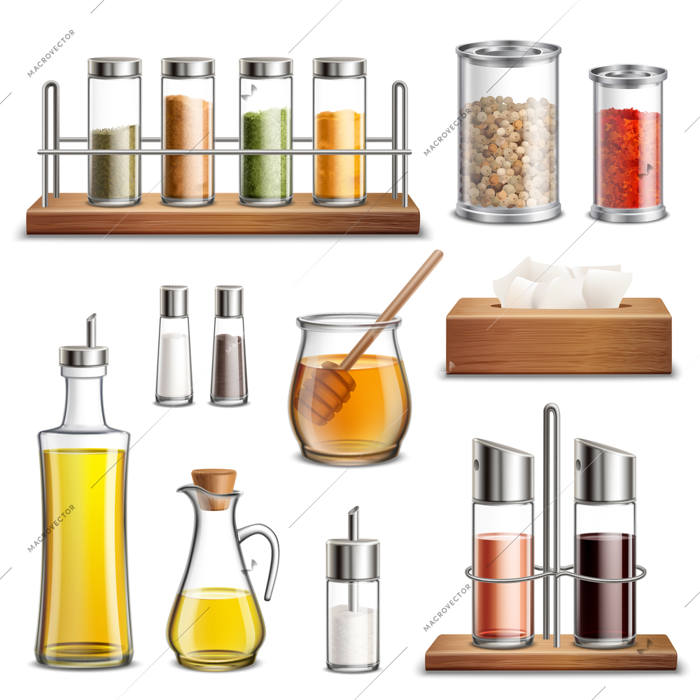 Kitchen herbs and spices rack cooking oil carafe bottle sugar dispenser and honey jar realistic set vector illustration