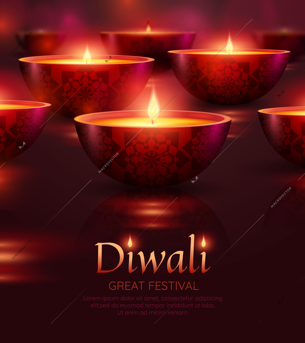 Diwali celebration poster with burning oil lamps of various shape on transparent background isolated vector illustration