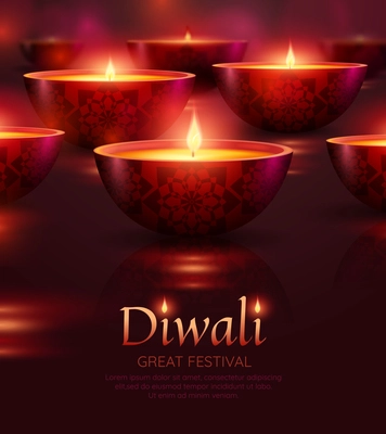 Diwali celebration poster with burning oil lamps of various shape on transparent background isolated vector illustration