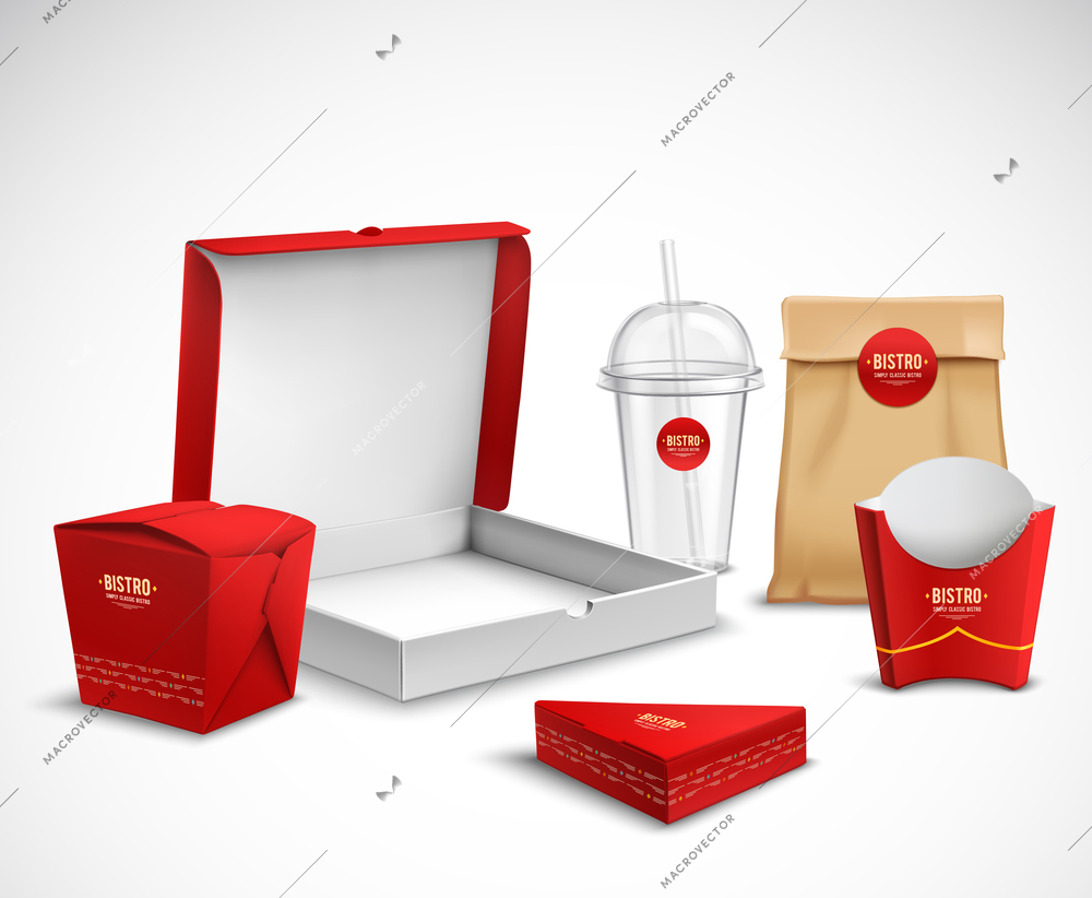 Fast food packaging corporate identity realistic templates samples set red white natural with pizza box vector illustration