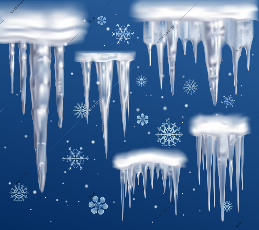 Realistic icicles fragments collection on dark blue snowy winter background with abstract drawn snowflakes vector illustration