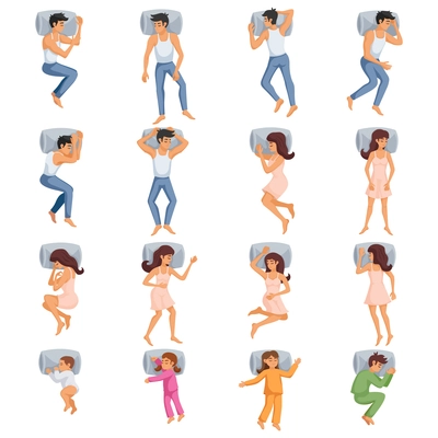 Top view of different sleeping poses of men women and children isolated decorative icons set vector illustration