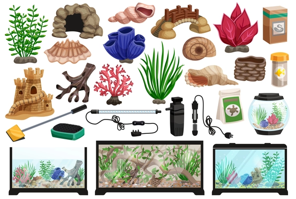 Aquarium underwater cartoon set with corals stones seaweeds seashells thermometer filter packaging food for fish vector illustration