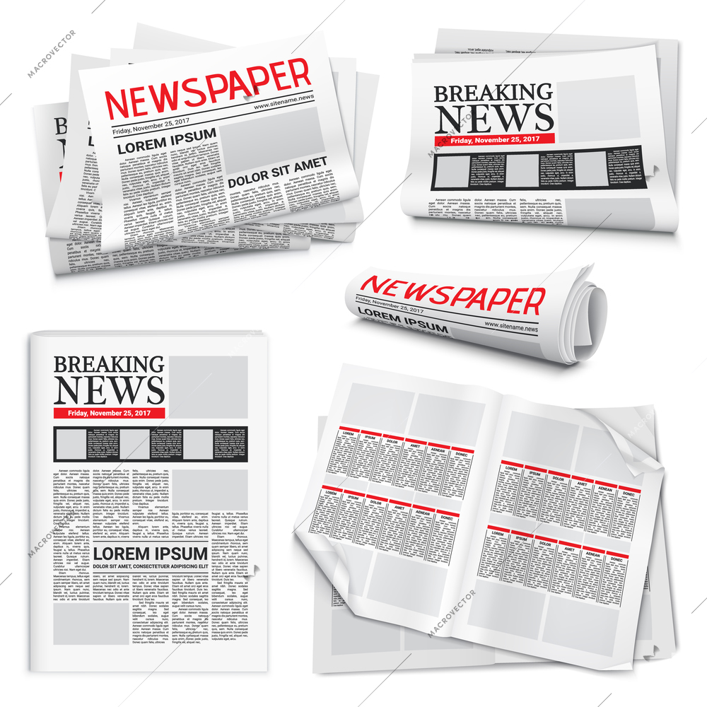 Set of newspaper icons on white background with headlines and text articles on breaking news theme isolated realistic vector illustration