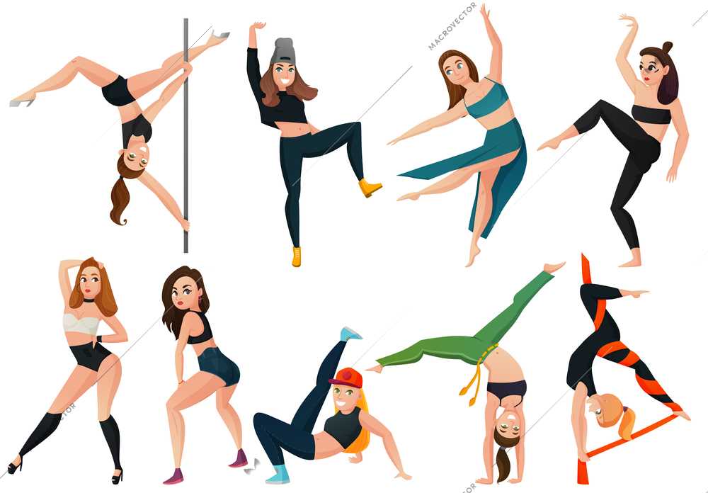 Set of modern types of dance with hip hop, go-go, brazilian martial arts isolated vector illustration