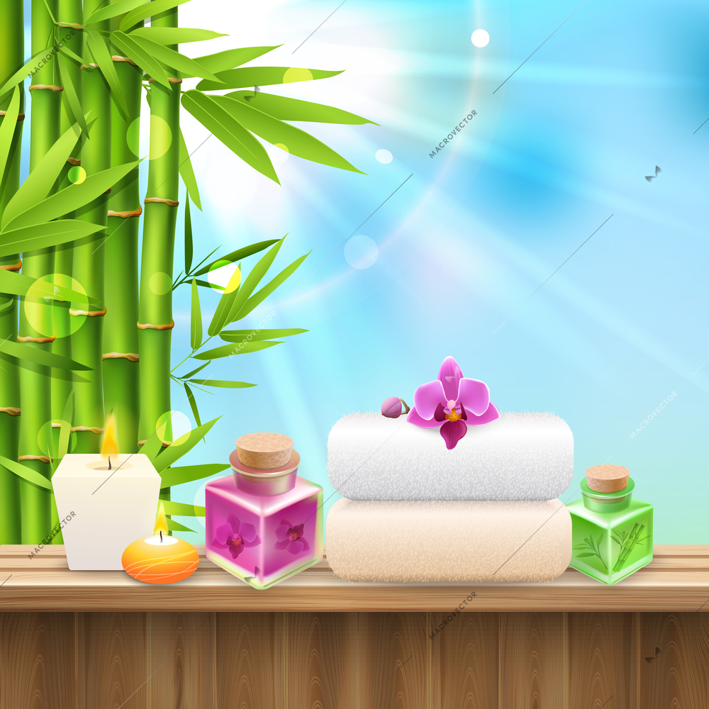 Colorful spa composition with set for spa treatment and bamboo shoots on blue sky background realistic vector illustration