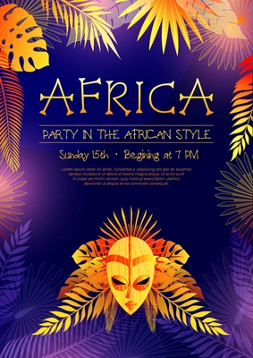 Vertical african poster with event announcement decorative images of ethnic mask tree leaves and editable text vector illustration