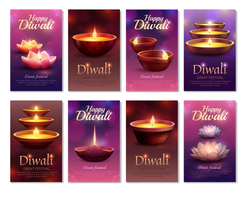 Diwali celebration vertical cards with burning letterings and festive oil lamps on blurred background isolated vector illustration