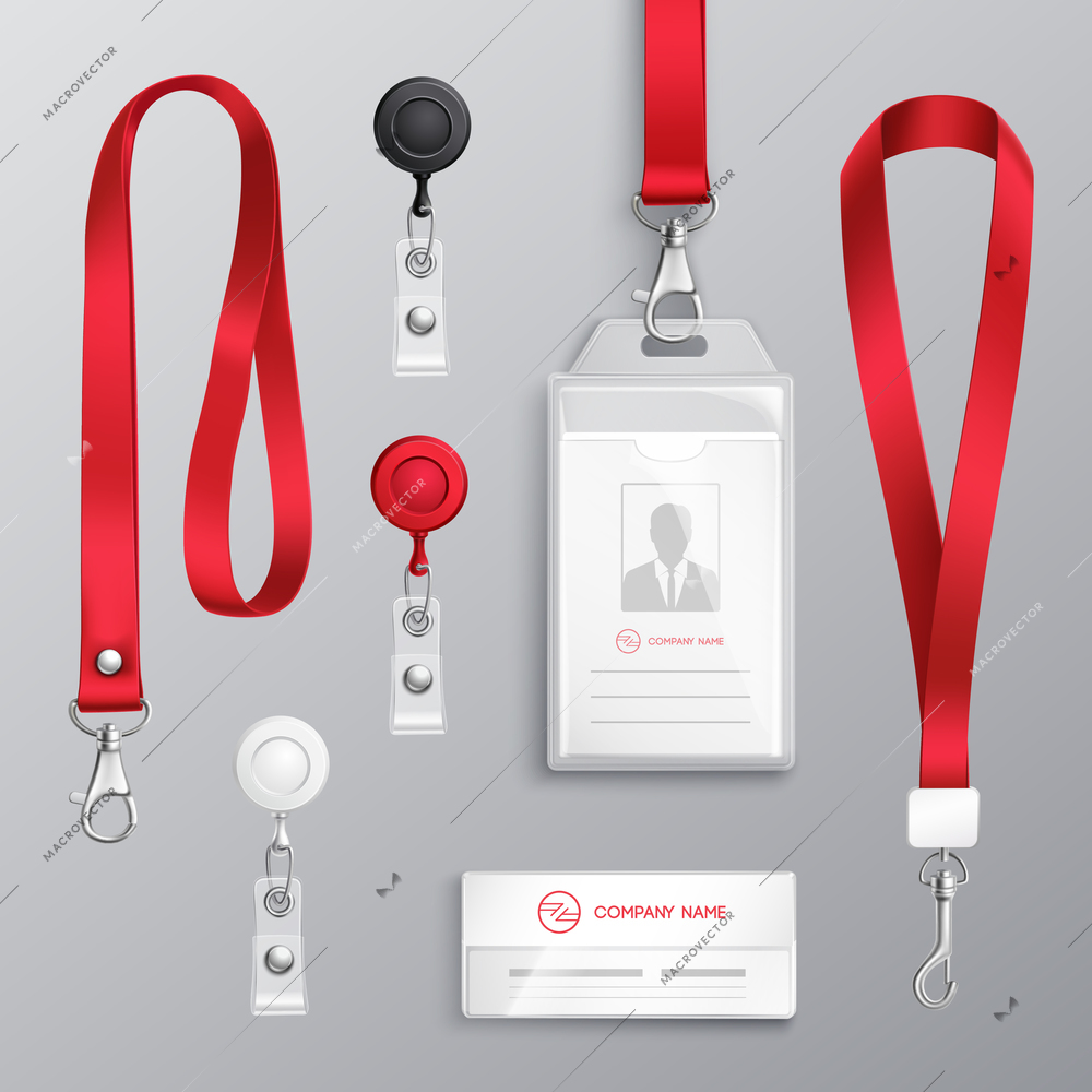 Professional identification card id badges holders with red lanyards and strap clips realistic templates set isolated vector illustration