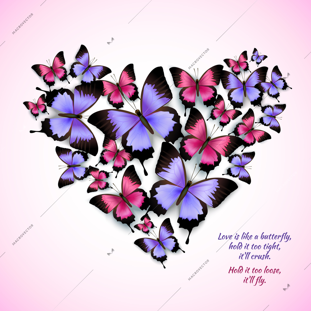 Decorative bright blue purple red trendy butterflies heart shape design pattern vector illustration