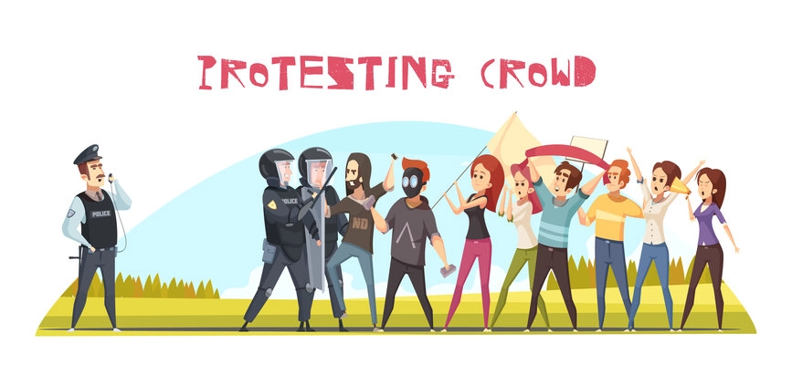 Protesting crowd poster with guards of order and group of young people demonstrating emotional protest cartoon vector illustration