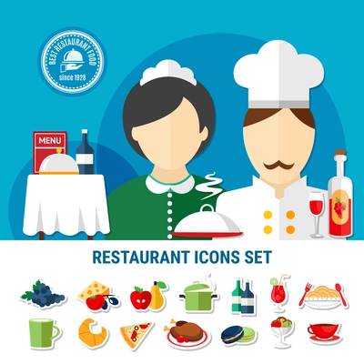 Various restaurant dishes staff and cutlery icons set flat isolated vector illustration